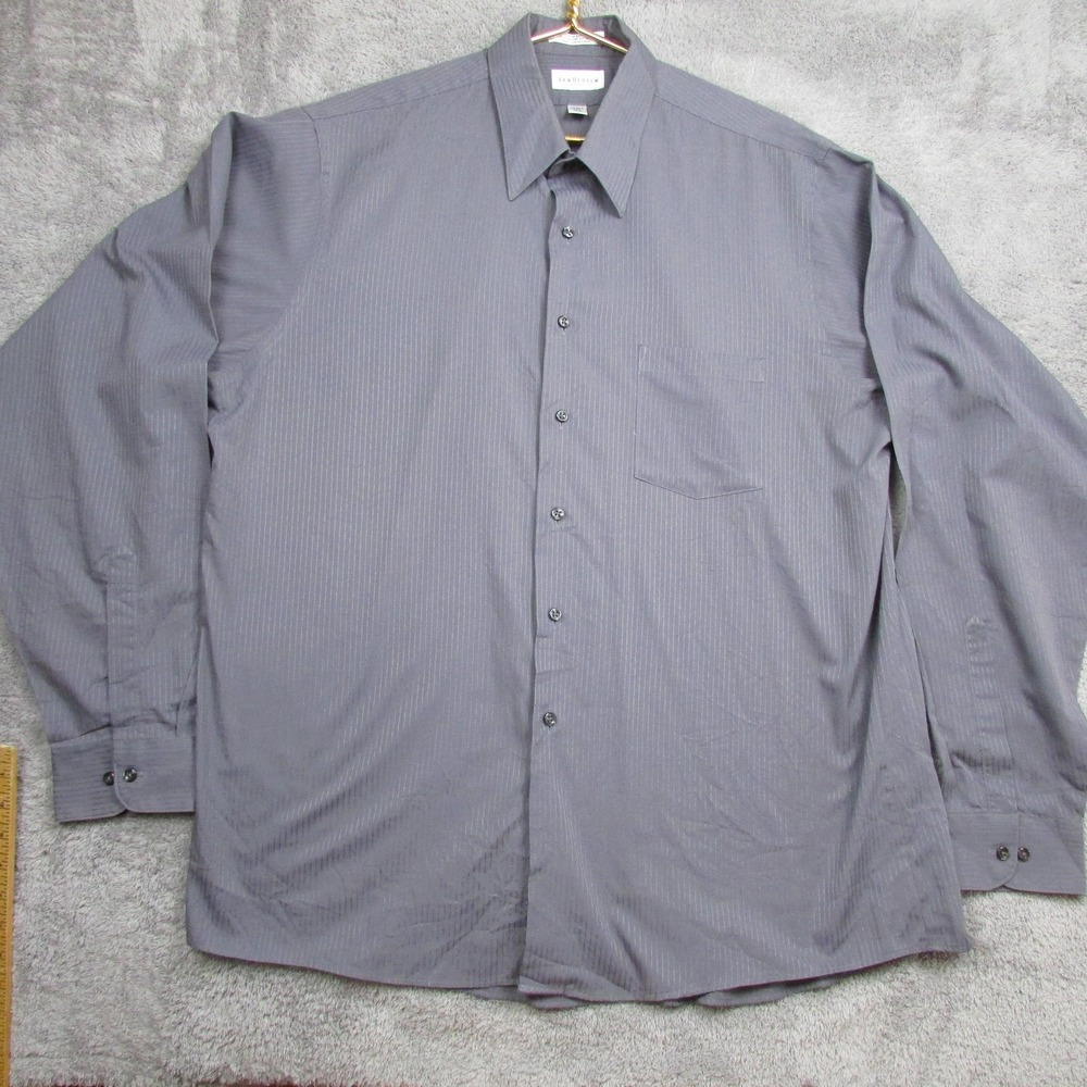 Van Heusen Dress Shirt Mens 17.5 36/37 Gray Stripe Wrinkle Free Long Sleeve